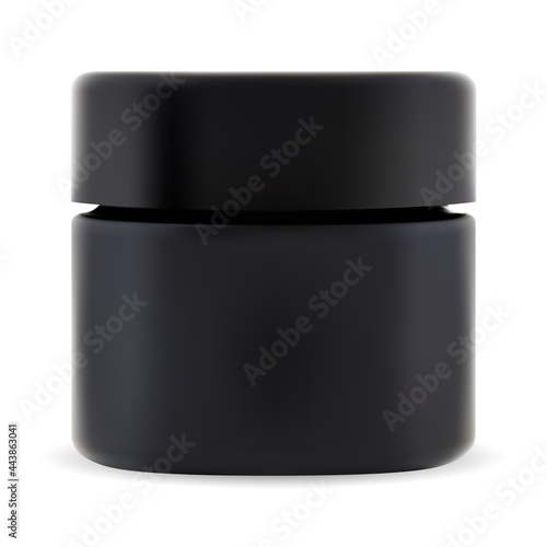 Black cosmetic jar. Cosmetic cream package mockup. Small plastic bottle with screw lid for scrub. Modern beauty box, gel or wax container. Premium charcoal cream jar