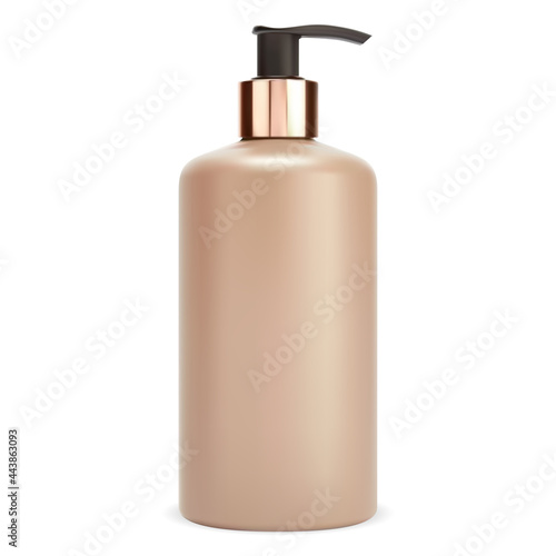 Pump bottle. Shampoo dispenser mockup, moisturizer package. Body lotion plastic container illustration. Realistic hair care gel packaging, golden surface blank