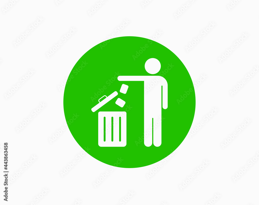 Man throwing trash into a basket, green circle vector icon on the white background. Man throwing trash into a basket, green circle vector icon on the white background.