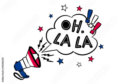 Oh, la la. Comic speech bubble with shout in the colors of the French tricolor. Pop art Vector illustration for a festive or holiday decoration for France. Translation: Oh dear