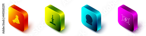 Set Isometric Bottle with potion, Sword in the stone, Magic ball and carpet icon. Vector