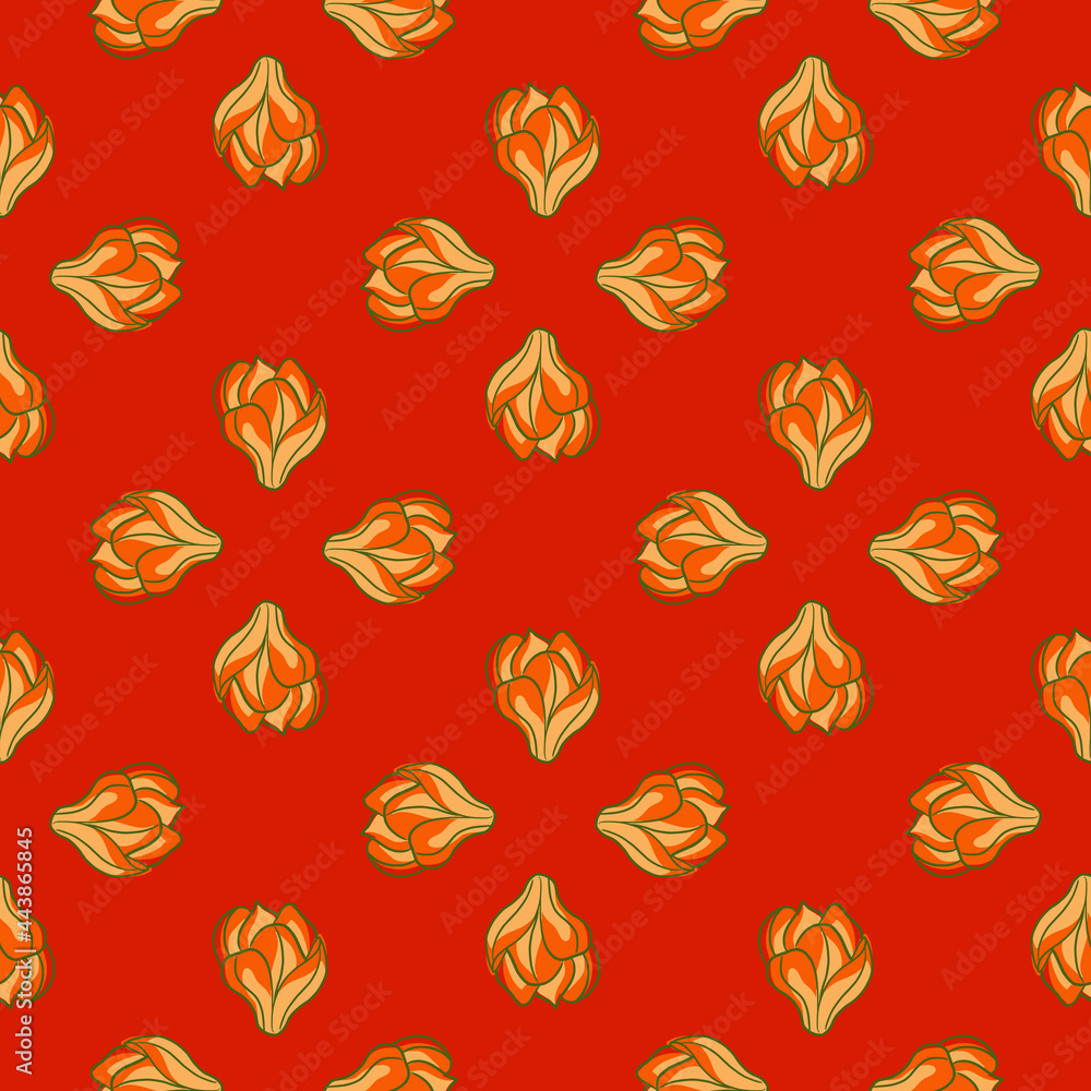 Geometric style blossom seamless pattern with orange magnolia flowers print. Red background.