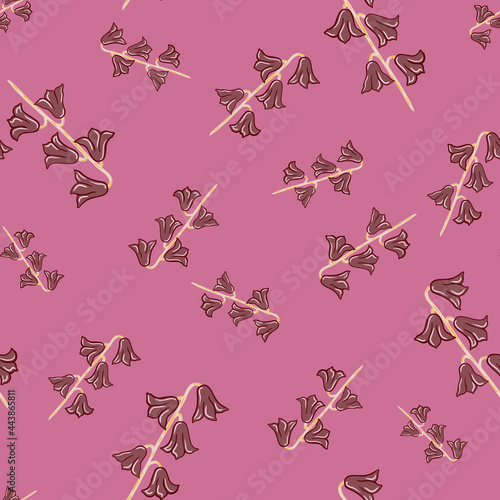Random summer plants seamless pattern with doodle bell flowers elements. Pink colors botanic artwork.
