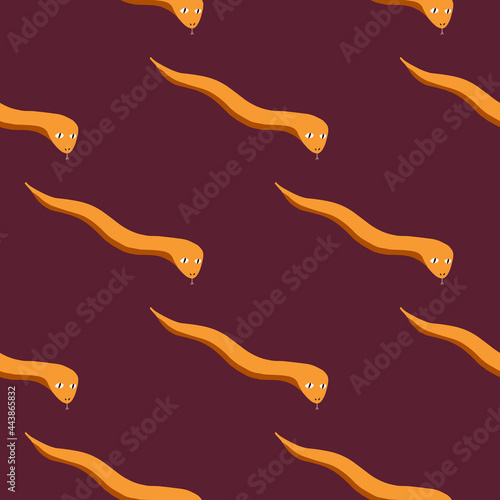 Bright orange worms silhouettes seamless doodle pattern. Maroon dark background. Wildlife artwork.