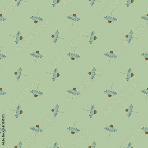 Pastel pale green tones seamless pattern with gerbera flowers shapes. Geometric style print.
