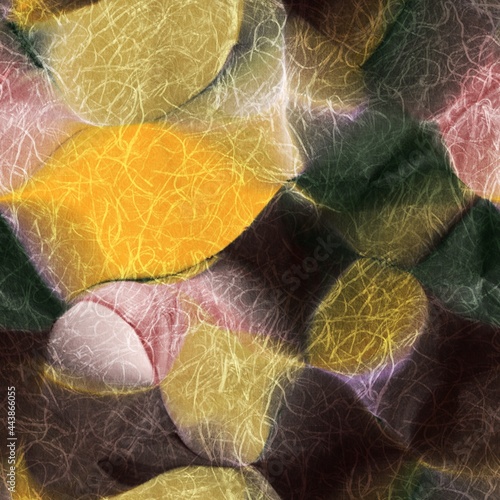 Seamless abstract blobs of color with intricate paper texture overlay. High quality illustration. Detailed and attractive organic shapes blended smoothly together into a seamless pattern for print.