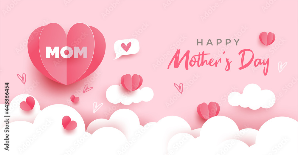 Happy Mother's day card. Paper cut with hearts, clouds and bubble speech on pink pastel background. Vector illustration