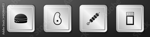 Set Burger, Steak meat, Grilled shish kebab and Matchbox and matches icon. Silver square button. Vector
