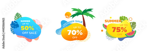 Set of Summer sale banner template. Liquid abstract geometric bubble with tropical, tree, water melon and sun. Promo badge for seasonal offer, promotion, advertising. Vector