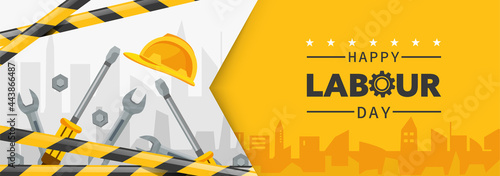 Labour Day poster template. with Yellow safety hard hat and construction tools. Modern banner or poster for Labor Day. International Workers' Day celebration