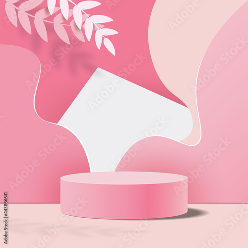 Abstract background, minimal mock up scene for product display with pastel pink podium and leaves