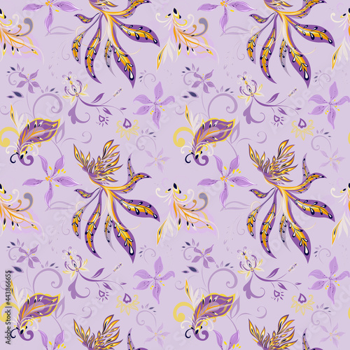  Ethnic bohemian seamless repeatins tile pattern. Paisley ornament with fenix bird and flowers