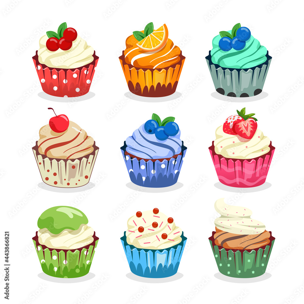 Sweet and colorful cupcake set with fruit topping Sweet and colorful cupcake set with fruit topping