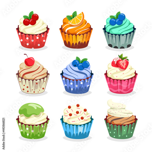 Sweet and colorful cupcake set with fruit topping