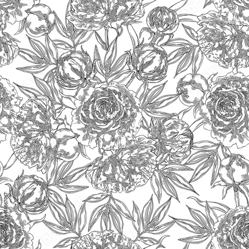 Fototapeta Naklejka Na Ścianę i Meble -  Big Peonies. Floral seamless pattern. Black and white flowers, buds and leaves.. Vector illustration.