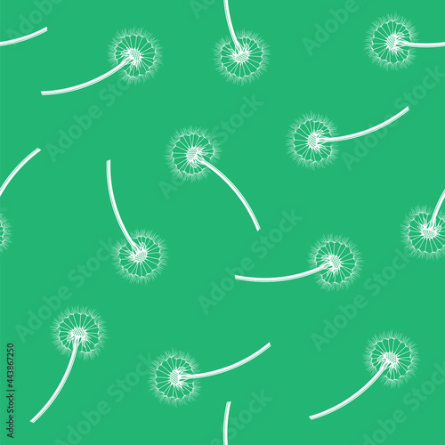 Dandelion Flower Silhouette Seamless Pattern on Green Background