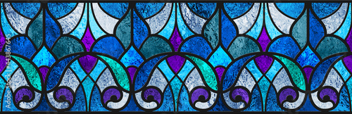 Sketch of a blue stained glass window. Abstract stained-glass background. Art Nouveau decor for interior. Vintage. Seamless pattern. Luxury modern interior. Transparency. Blue and purple colors.