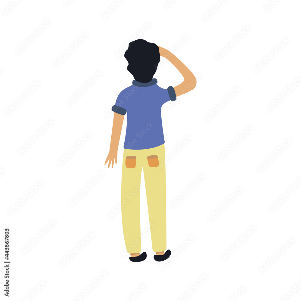 Man looks up, shielding his eyes from the light with his hand. Back view. Colorful isolated vector illustration hand drawn
