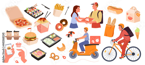 Fast food delivery service set vector illustration. Cartoon fastfood delivery collection with online order from mobile app on phone, courier delivering pizza noodles home hot dog isolated on white