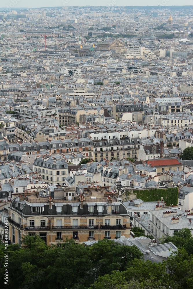Aerial landscape of a French city. Birds view panorama of Paris, the capital of France, with a panoramic view on many old houses and rooftops.