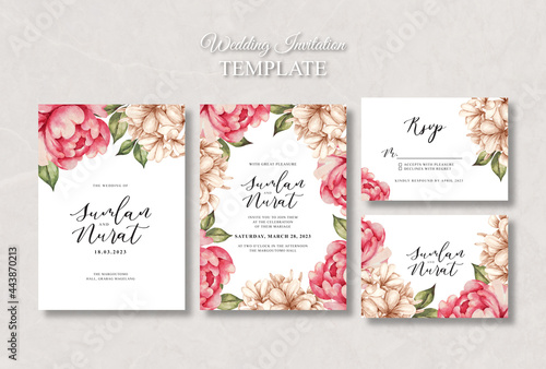 wedding invitation card set template with peony watercolour