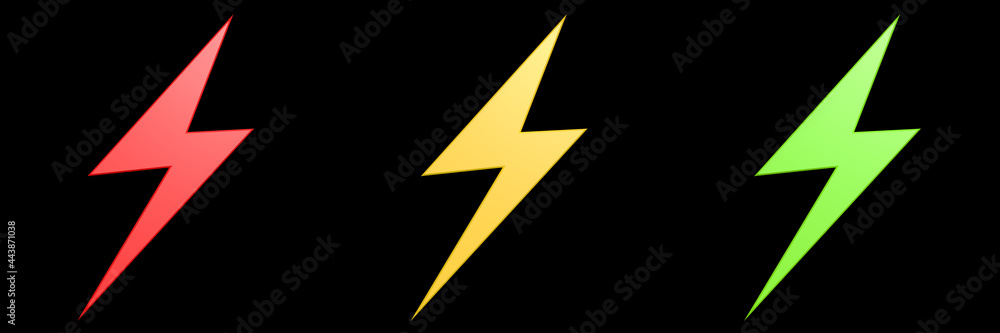 A set of three flash shapes in different colors on black background - 3D rendering illustration A set of three flash shapes in different colors on black background - 3D rendering illustration