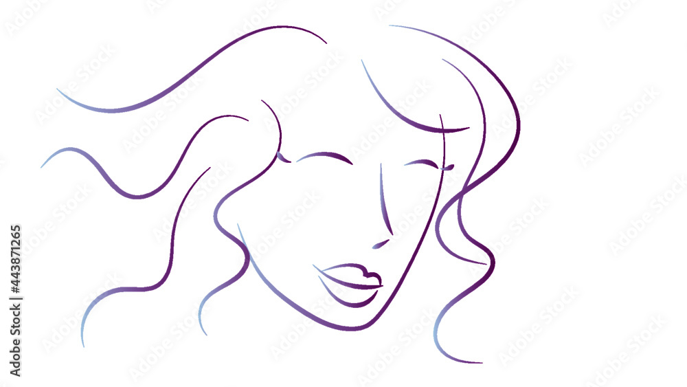 Silhouette or portrait showing the face of a pretty young woman with  long hair and beautiful lips. Vector illustration 