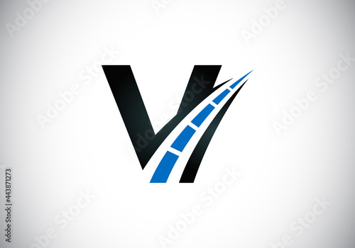 Letter V with road logo sing. The creative design concept for highway maintenance and construction. Transportation and traffic theme.