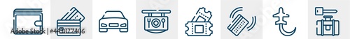 airport and travel line icons such as elegant wallet, simple cit card, front car, restaurant, ticket card, left luggage outline vector sign. symbol, logo illustration. linear style icons set. pixel