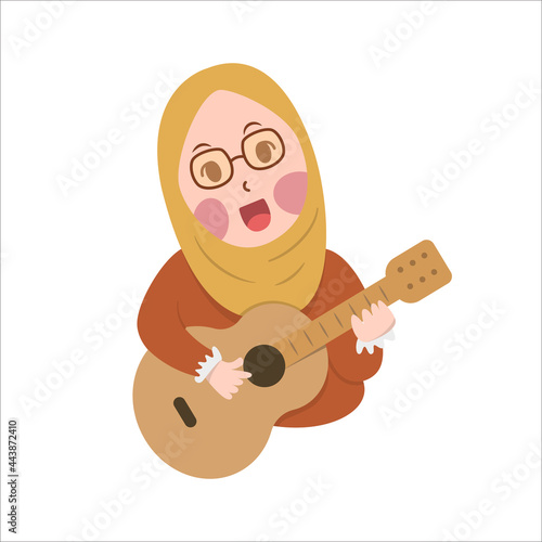 Happy Cute Girl Hijab Playi guitar and singing vector cartoon flat design illustration