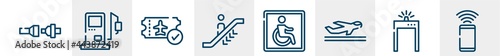 airport and travel line icons such as fasten your seatbelts, gas station, verified boarding card, escalator going down, wheelchair accessible, smartphone with wifi outline vector sign. symbol, logo