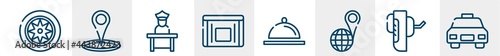 travel and tourism line icons such as car parts, place point, airport worker, sick bag, cove food plate, taxi frontal vehicle outline vector sign. symbol, logo illustration. linear style icons set.