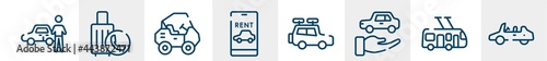 vehicles and transports line icons such as authorized dealer, final call, all terrain, rent a car, travel baggage, convertible car outline vector sign. symbol, logo illustration. linear style icons