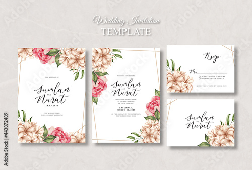 wedding invitation card set template with peony watercolour