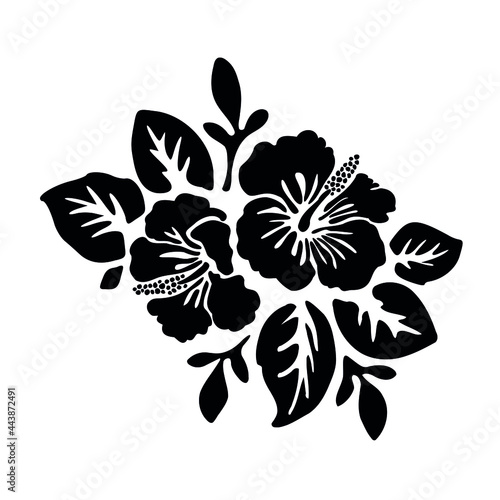 Black tropical exotic hibiscus flowers vector tattoo silhouette drawing illustration.Hawaiian floral stencil design element.Plotter laser cutting.Vinyl wall sticker decal.Cut file. Print. Leaves. DIY.