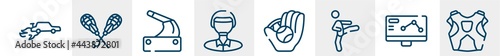sport equipment line icons such as autocross, lacrosse, handbrake, polo player, baseball ball, protector outline vector sign. symbol, logo illustration. linear style icons set. pixel perfect vector