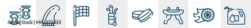 racing line icons such as null, fin, black flagged, golf caddy, hockey puck, oil down outline vector sign. symbol, logo illustration. linear style icons set. pixel perfect vector graphics.