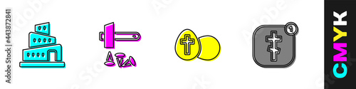 Set Babel tower bible story, Crucifixion of Jesus Christ, Easter egg and Online church pastor preaching icon. Vector