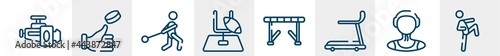 thai boxing line icons such as horsepower, coin toss, hammer throwing, rugby goal, hurdle, ritual outline vector sign. symbol, logo illustration. linear style icons set. pixel perfect vector