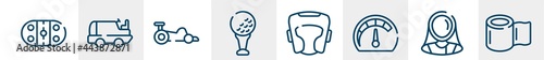 sport avatars line icons such as arena, ice resurfacer, kart racing, tee, headgear, null outline vector sign. symbol, logo illustration. linear style icons set. pixel perfect vector graphics.