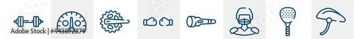 active lifestyle line icons such as barbell, kmh, crankset, punching, dive light, bike helmet outline vector sign. symbol, logo illustration. linear style icons set. pixel perfect vector graphics.