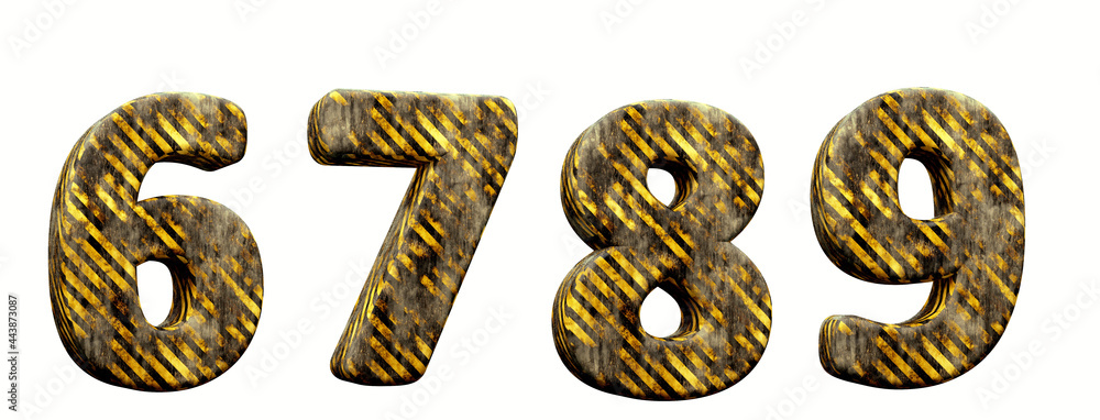 Industrial alphabet. Numbers 6, 7, 8 ,9 in 3d render. White background. Path save. Industrial alphabet. Numbers 6, 7, 8 ,9 in 3d render. White background. Path save.