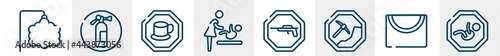 indications line icons such as ornamental, fire estinguisher, cafe bar, babysitter and child, hunting zone, baby zone outline vector sign. symbol, logo illustration. linear style icons set. pixel
