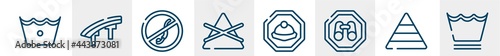 laundry instructions line icons such as cold wash, flyover bridge, no diving, do not bleach, mine site, delicate washcycle outline vector sign. symbol, logo illustration. linear style icons set.
