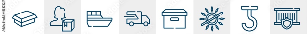 shipping and delivery line icons such as cardboard box without a lid, delivery woman, sea ship, fast transport, cardboard box with lid, delivery insurance outline vector sign. symbol, logo