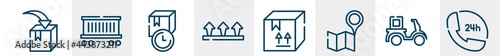 logistics delivery line icons such as put in box, cargo train, receiving time, this side up, cardboard box with fragile items, 24 hours phone service outline vector sign. symbol, logo illustration.