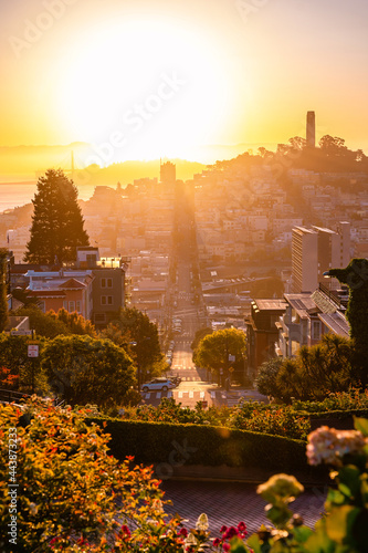 View of the beautiful Lombard Street during sunset in San Francisco photo