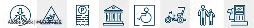 signals set line icons such as converging, wet floot, parking ticket, museum, handicapped, fuel oil bomb service outline vector sign. symbol, logo illustration. linear style icons set. pixel perfect