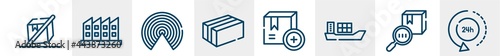 logistics delivery line icons such as do not tilt, manufacturing plant, airdrop, cardboard box with packing tape, add package, 24 hours delivery outline vector sign. symbol, logo illustration.