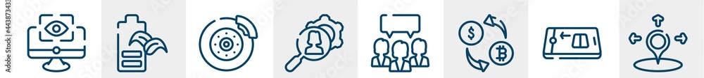 general line icons such as computer vision, eco battery, disk brake, hr services, group opinion, coordinate outline vector sign. symbol, logo illustration. linear style icons set. pixel perfect general line icons such as computer vision, eco battery, disk brake, hr services, group opinion, coordinate outline vector sign. symbol, logo illustration. linear style icons set. pixel perfect
